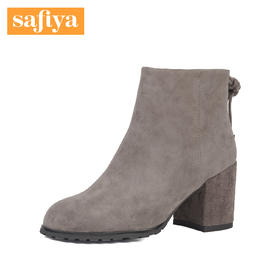Safiya/索菲娅冬季牛皮粗跟圆头时尚休闲舒适女短靴子SF84116085