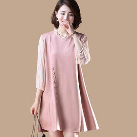 AHM 7923  2020春季新款实拍现货7分袖宽松显瘦舒适麂皮绒粉色套头连衣裙