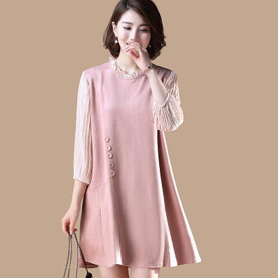 AHM 7923  2020春季新款实拍现货7分袖宽松显瘦舒适麂皮绒粉色套头连衣裙 商品图0