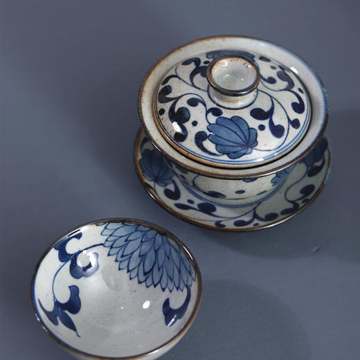 「景德镇传统手绘青花海浪 莲花 缠枝莲 盖碗公道杯」三才碗 泡茶碗 分茶器 复古茶具礼品 商品图14