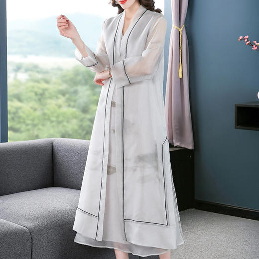 NYT-Z05新款中国风水墨画气质优雅真丝欧根纱连衣裙套装 商品图2