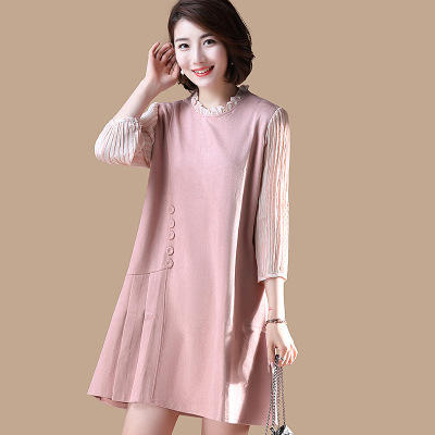 AHM 7923  2020春季新款实拍现货7分袖宽松显瘦舒适麂皮绒粉色套头连衣裙 商品图1