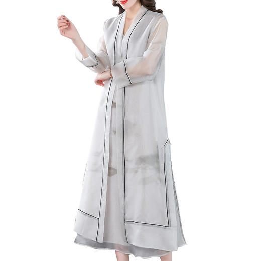 NYT-Z05新款中国风水墨画气质优雅真丝欧根纱连衣裙套装 商品图4