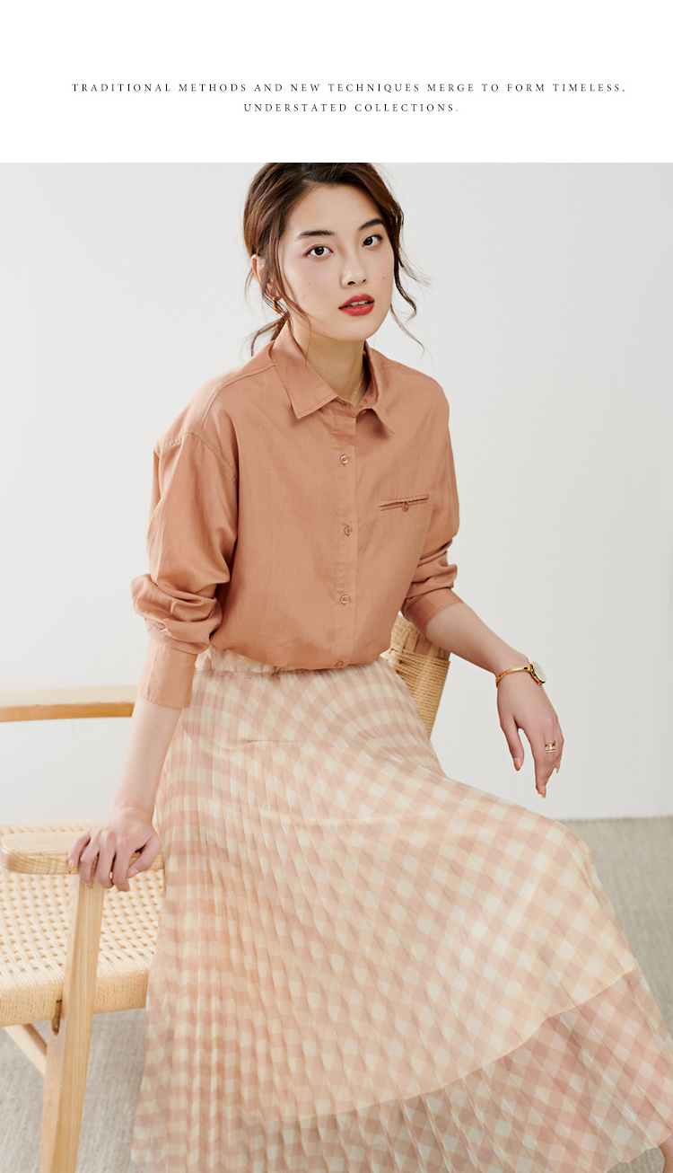312604054初棉chic简约天丝棉麻衬衫盐系糖果色长袖衬衫女橙色衬衣垂