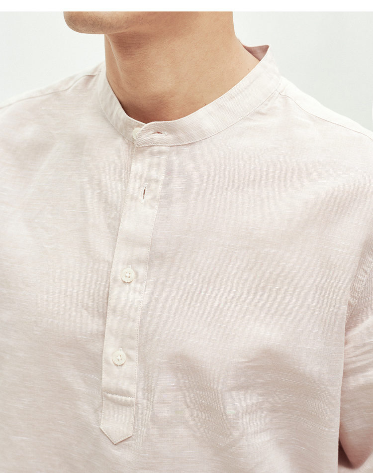 312804032棉先生亚麻衬衫男长袖春季男士棉麻色织半开襟立领长袖休闲