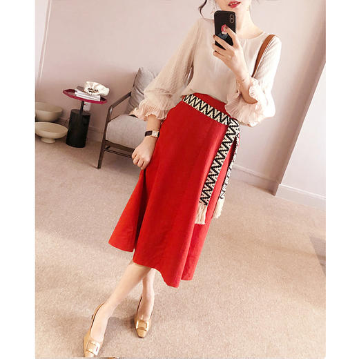 明艳风情橙红色A摆半身裙 配编织腰带 商品图2