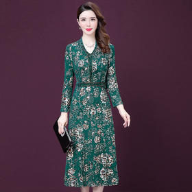 XTH-8297新款修身大码印花法式高端名媛烫钻气质连衣裙