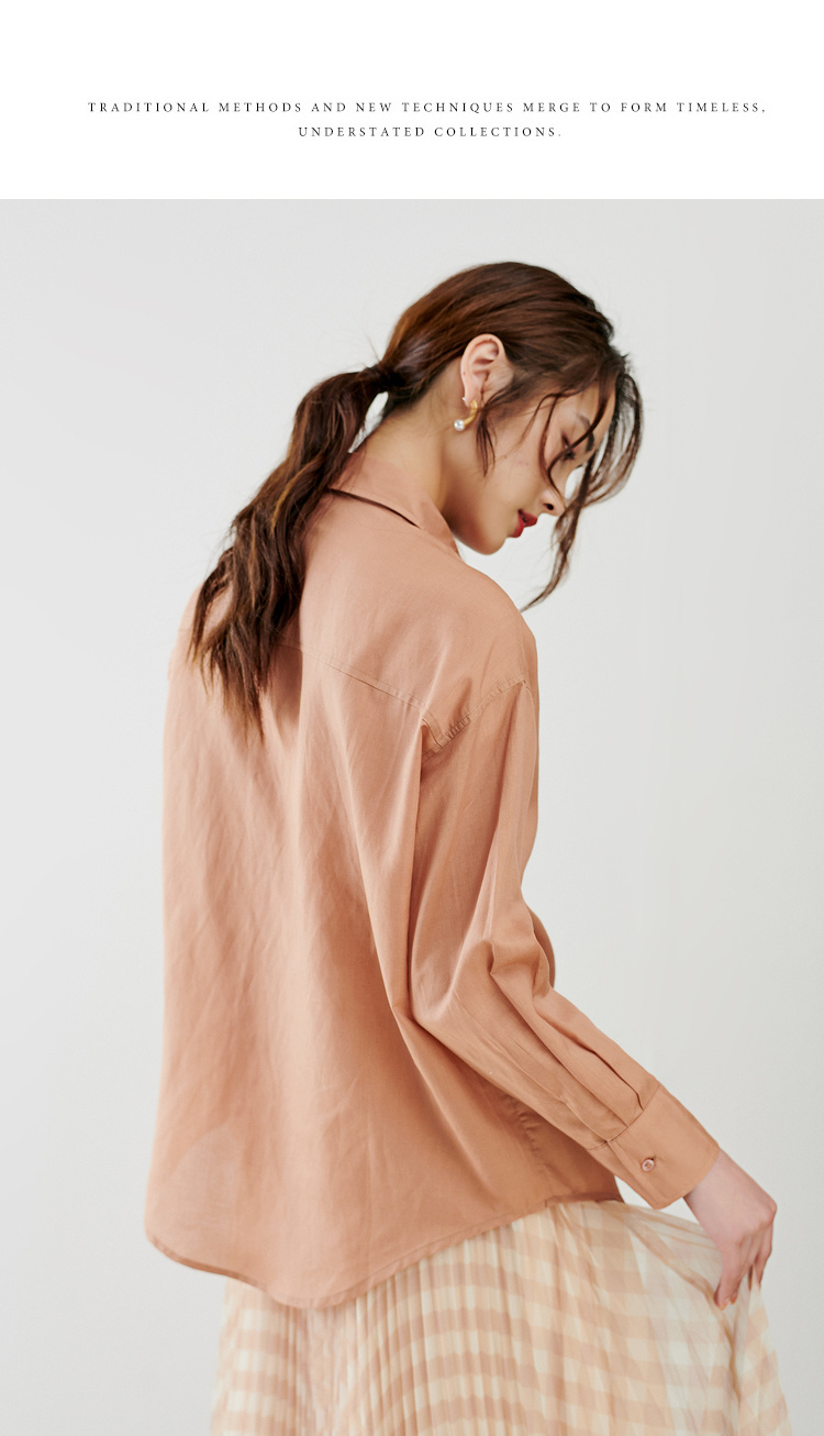 312604054初棉chic简约天丝棉麻衬衫盐系糖果色长袖衬衫女橙色衬衣垂