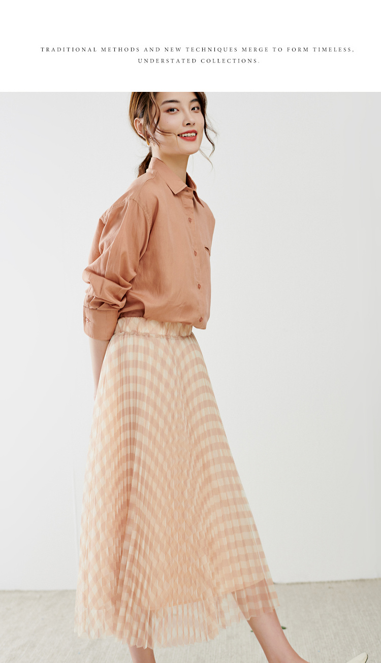 312604054初棉chic简约天丝棉麻衬衫盐系糖果色长袖衬衫女橙色衬衣垂