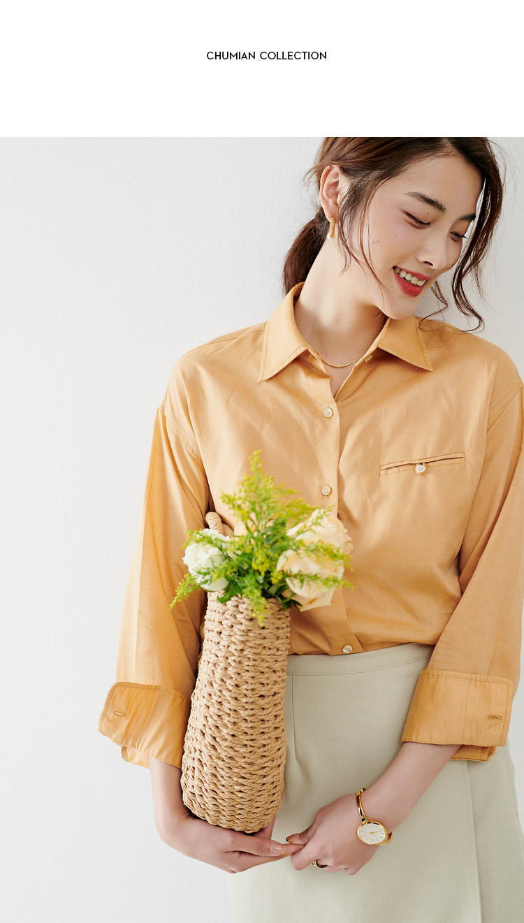 312604054初棉chic简约天丝棉麻衬衫盐系糖果色长袖衬衫女橙色衬衣垂