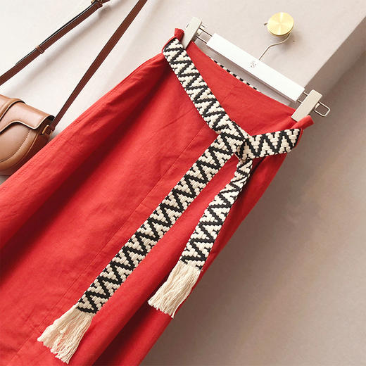 明艳风情橙红色A摆半身裙 配编织腰带 商品图1