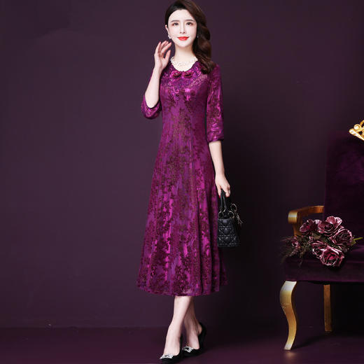 WXY-72403-1春季婚宴长款连衣裙优雅中长袖礼服 商品图0