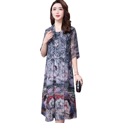 WXY-19010新款假两件五分袖桑蚕丝大码妈妈重磅真丝连衣裙 商品图3