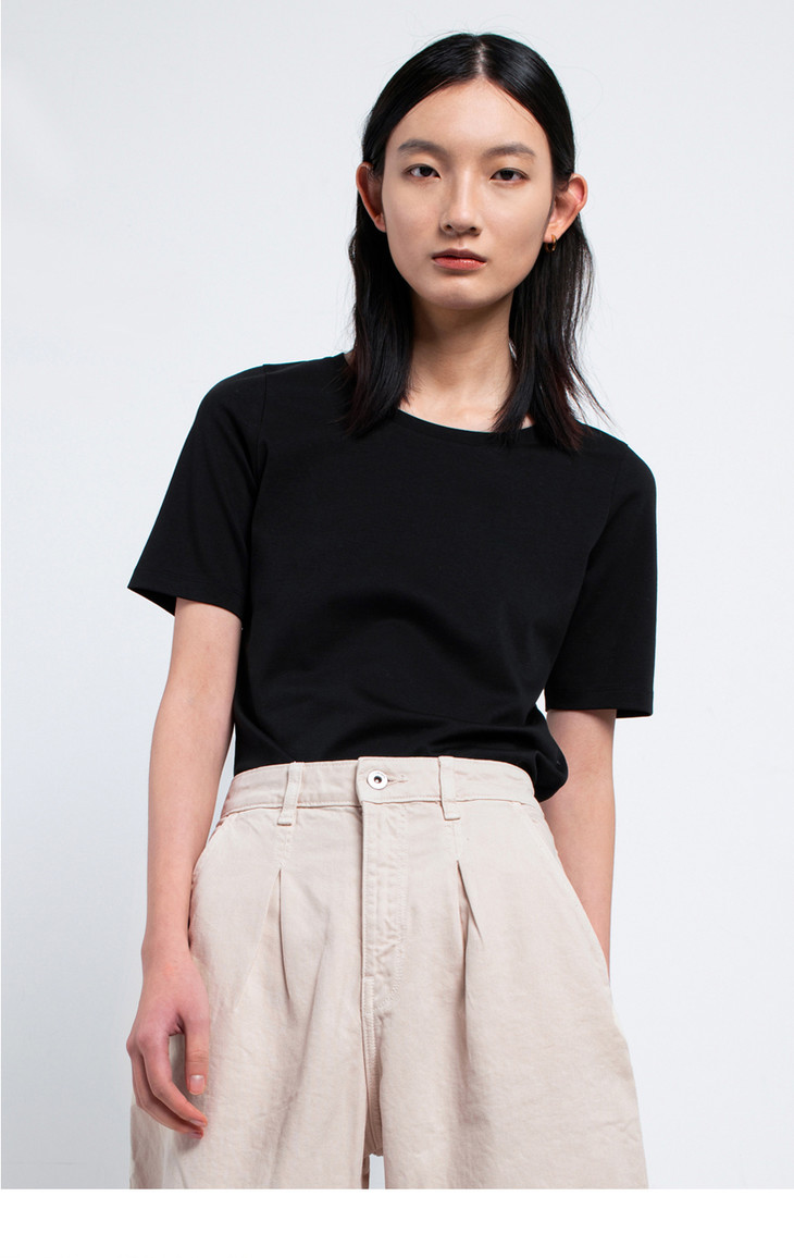 女士2020新疆长绒棉80支纱4分袖圆领黑白t恤