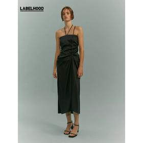 YIRANTIAN 黑色真丝绑带细节长款吊带裙 YRT20SS-D06BLK