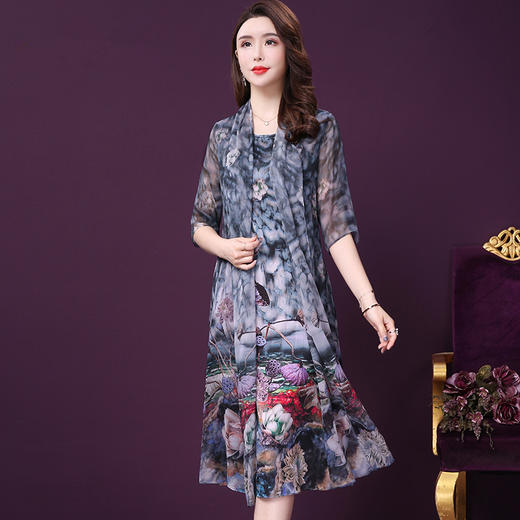 WXY-19010新款假两件五分袖桑蚕丝大码妈妈重磅真丝连衣裙 商品图0