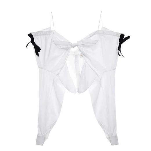 SHUSHU TONG2020春夏新款白色宽松落肩吊带上衣蝴蝶结露肩衬衫女 ss20to09co102wh100 商品图4