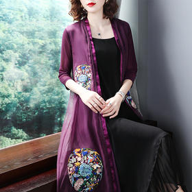 SMHC-SM18167新款真丝绣花开衫七分袖气质中长款外披外套