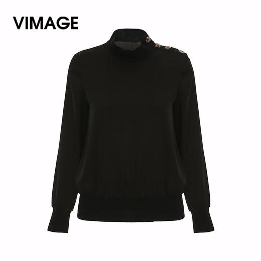 VIMAGE纬漫纪女装上衣长袖修身圆领黑色女V1313901 商品图0