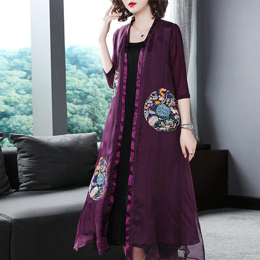 SMHC-SM18167新款真丝绣花开衫七分袖气质中长款外披外套 商品图3