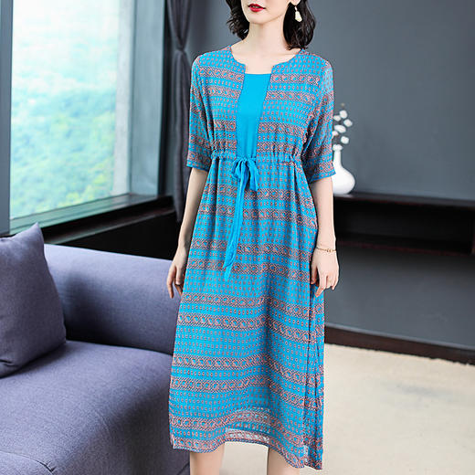 SMHC-SM190580夏季新款圆领印花五分袖宽松系带腰中长款连衣裙 商品图2