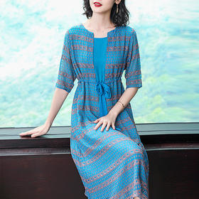 SMHC-SM190580夏季新款圆领印花五分袖宽松系带腰中长款连衣裙