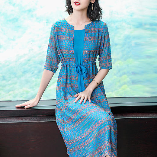 SMHC-SM190580夏季新款圆领印花五分袖宽松系带腰中长款连衣裙 商品图0