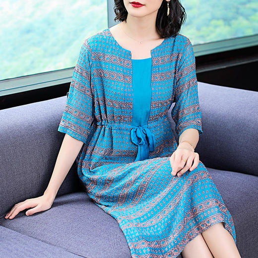 SMHC-SM190580夏季新款圆领印花五分袖宽松系带腰中长款连衣裙 商品图1