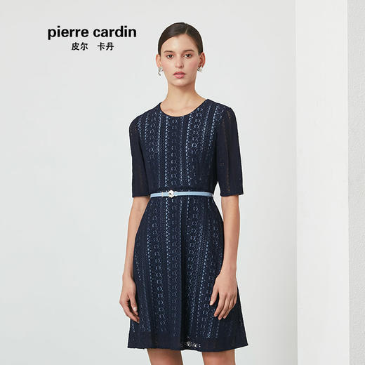 皮尔卡丹女春季新款五分袖蓝色圆领连衣裙时尚A字裙P01DS03N0
 商品图0