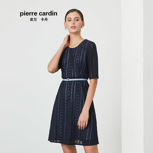 皮尔卡丹女春季新款五分袖蓝色圆领连衣裙时尚A字裙P01DS03N0
 商品图1