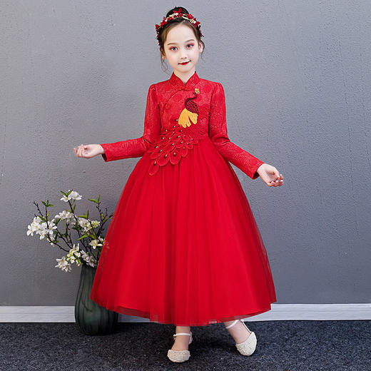 AM-Q618中国风刺绣孔雀新款儿童公主裙连衣裙 商品图0