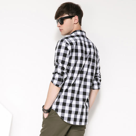 vimage纬漫纪初春男士衬衫青少年休闲黑白格子长袖衬衣男v03091017
