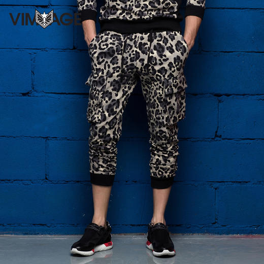 vimage纬漫纪男士运动裤春夏豹纹个性时尚休闲裤宽松舒适运动裤潮v020