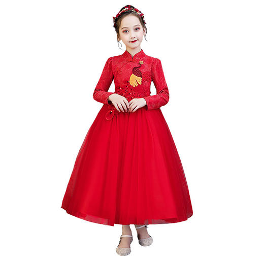 AM-Q618中国风刺绣孔雀新款儿童公主裙连衣裙 商品图4