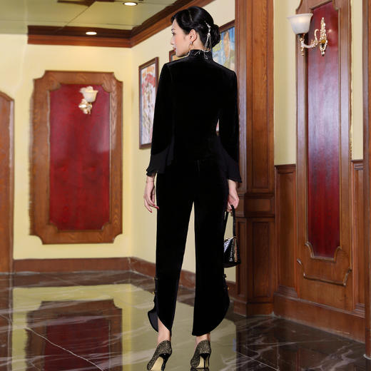 DLQ-A2140黑色长袖改良旗袍套装裤洋气阔腿裤 商品图1
