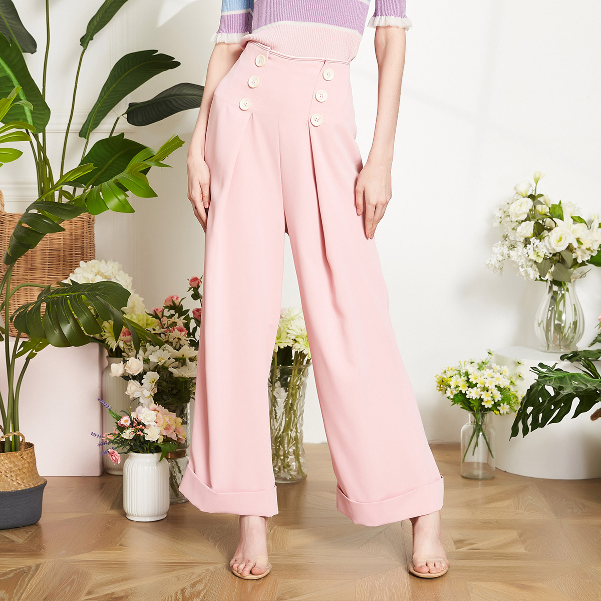 PE3A2瑟俪春季新品双排扣高腰显瘦阔腿裤