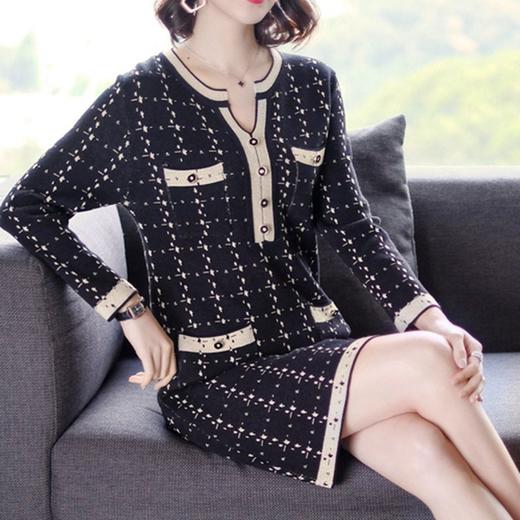 NYL-4633003新款格子长袖V领修身显瘦中长裙 商品图2