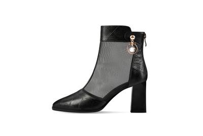 OLDN189-F2687-1真皮高跟鞋网纱大码单鞋中跟蕾丝网靴女凉靴子 商品图3