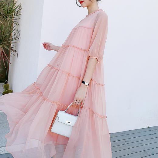 SMHC-SM20118圆领五分袖桑蚕丝中长款宽松大码连衣裙 商品图1