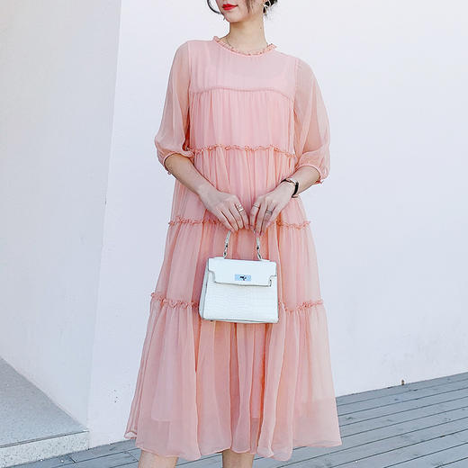 SMHC-SM20118圆领五分袖桑蚕丝中长款宽松大码连衣裙 商品图0