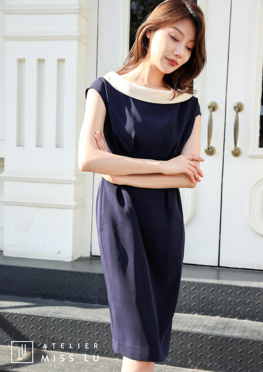 AtelierMissLu /Lucero-藏青色复古领职场连身裙 商品图14