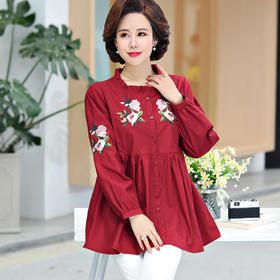 FW 919-2011 衬衫女中长款加肥加大码春秋绣花上衣春装洋气