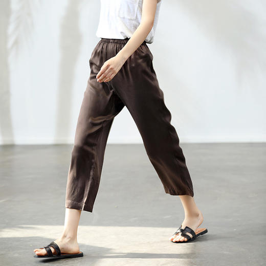 丁摩 重磅真丝素绉缎长裤休闲直筒松紧腰九分裤修身显瘦桑蚕丝裤女20-122DA499 商品图1