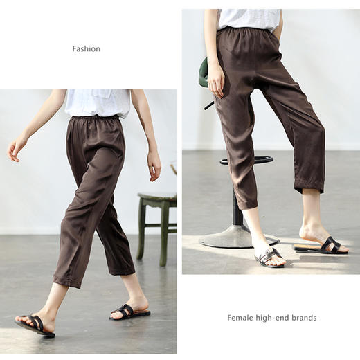 丁摩 重磅真丝素绉缎长裤休闲直筒松紧腰九分裤修身显瘦桑蚕丝裤女20-122DA499 商品图4