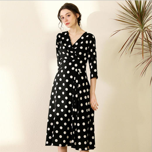 丁摩 真丝连衣裙女收腰显瘦时尚波点V领桑蚕丝连衣裙长裙20-130DL699 商品图0