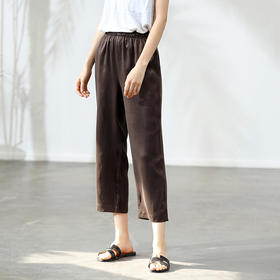 丁摩 重磅真丝素绉缎长裤休闲直筒松紧腰九分裤修身显瘦桑蚕丝裤女20-122DA499