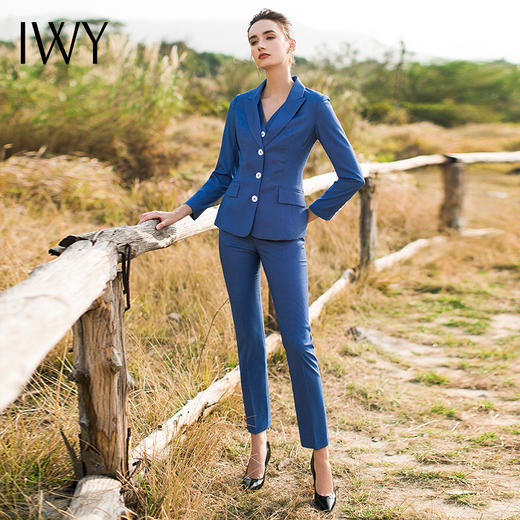 IWY/新品时尚V领修身显瘦蓝色套装女士西装白领西服工作服女CPM506 商品图7