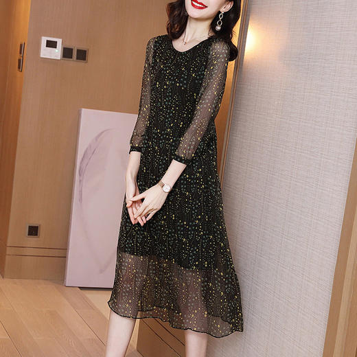 丁摩 真丝连衣裙女复古印花圆领宽松大摆桑蚕丝连衣裙20-120HS-DS399 商品图0