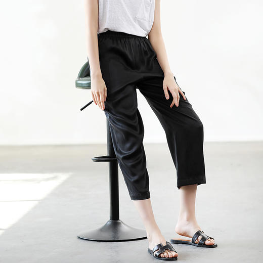丁摩 重磅真丝素绉缎长裤休闲直筒松紧腰九分裤修身显瘦桑蚕丝裤女20-122DA499 商品图9
