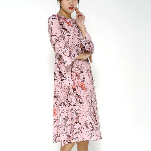 丁摩 真丝连衣裙木耳边系带印花时尚桑蚕丝连衣裙20-08DB599 商品图2